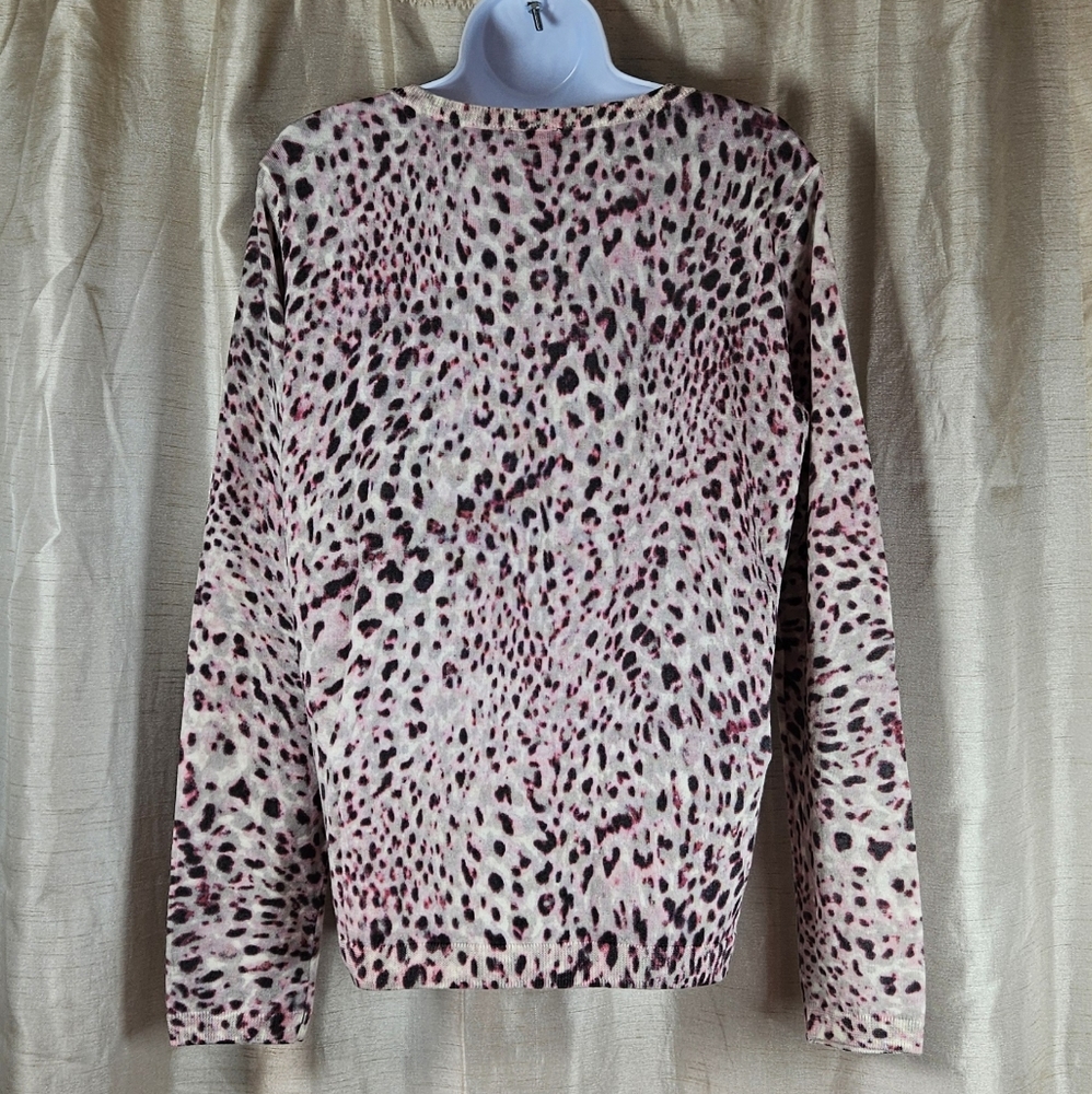 NWOT Talbots pink white animal print Merino wool cardigan sweater Womens Large - Picture 5 of 9